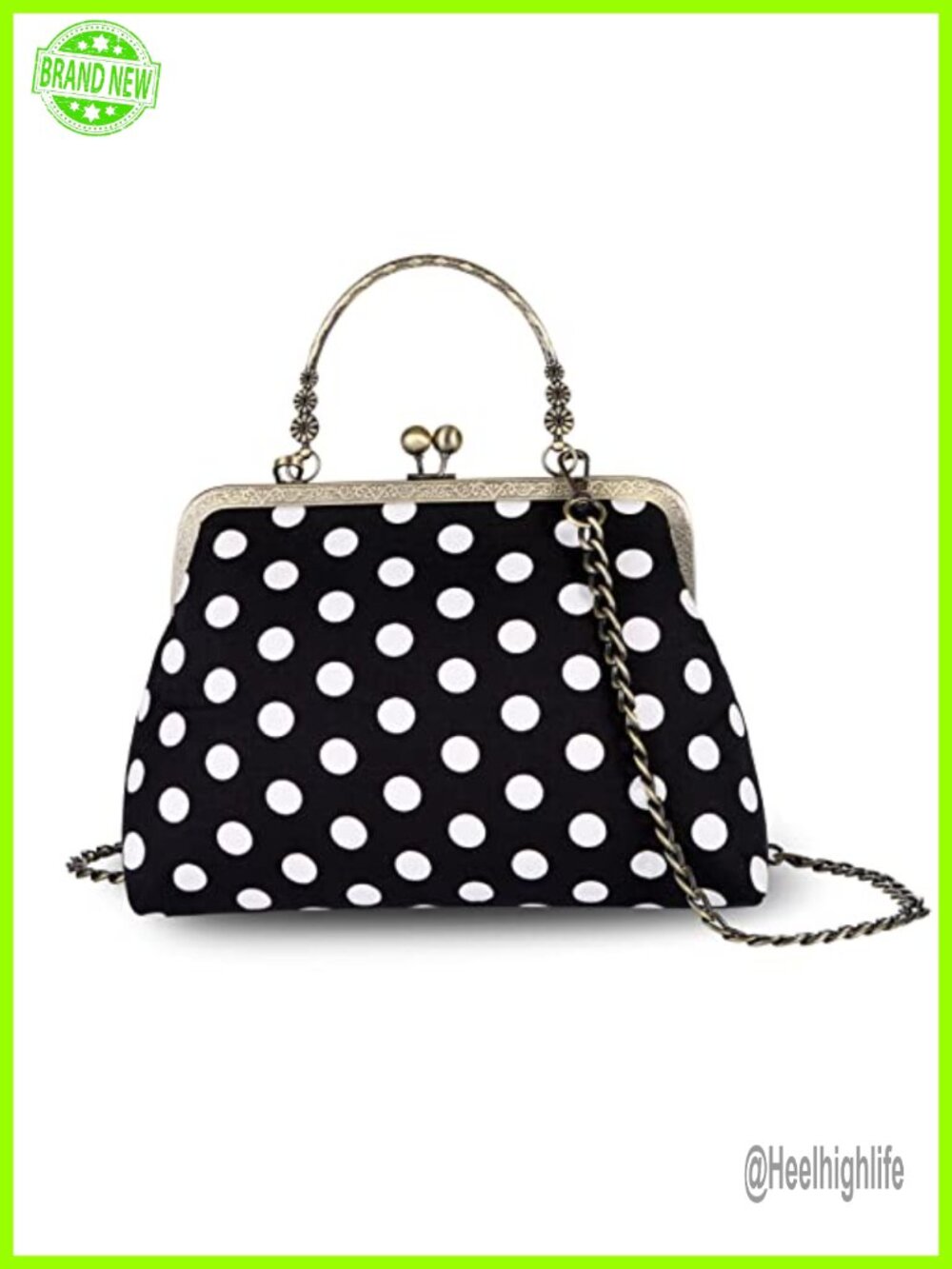 Top Handle Clutch Kiss Lock Canvas Polka Dot Evening Bag with Strap